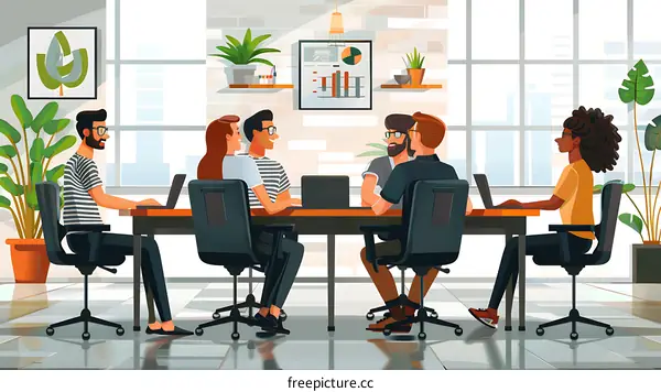 A group of people are having a meeting in the office