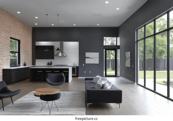 Modern Open-Concept Living Area with Brick Wall