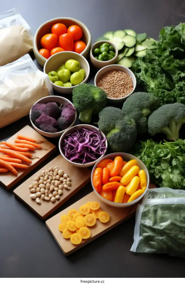 A variety of fresh vegetables and grains are arranged on a dark surface.