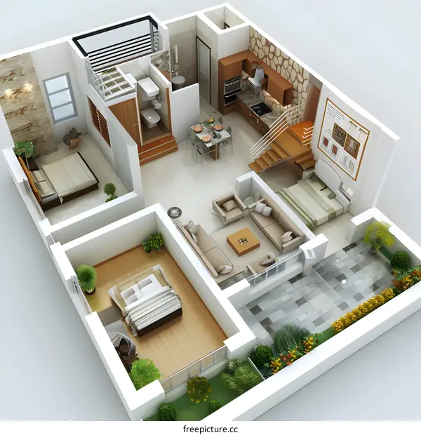 3D rendering of a modern house plan