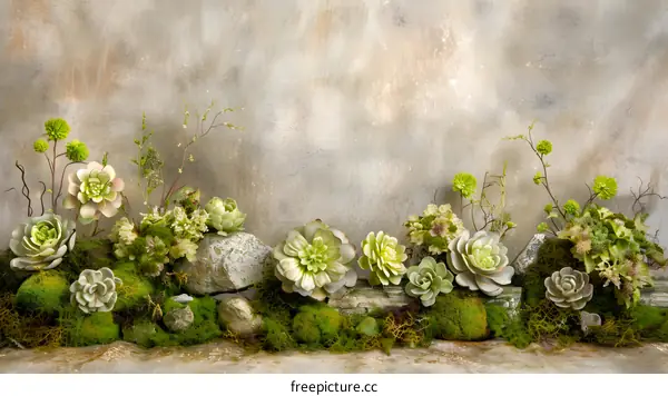 Succulents and Moss on a Stone Wall