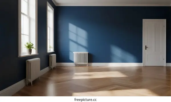 A bright and empty room with blue walls and wooden floors
