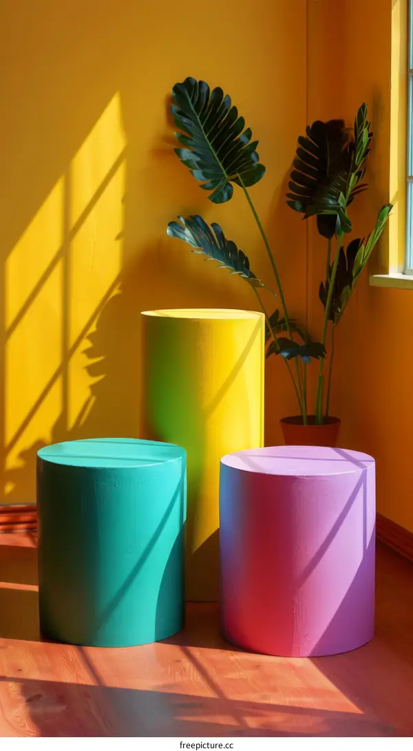 Three pastel colored cylinders on a wooden floor against a yellow background with a potted plant in the corner