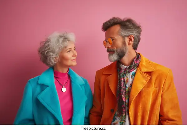 Stylish Couple in Vibrant Colors against a Pink Background