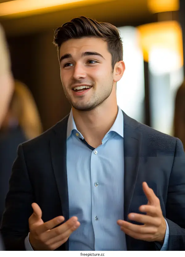 Smiling Man In Suit Talking To Woman