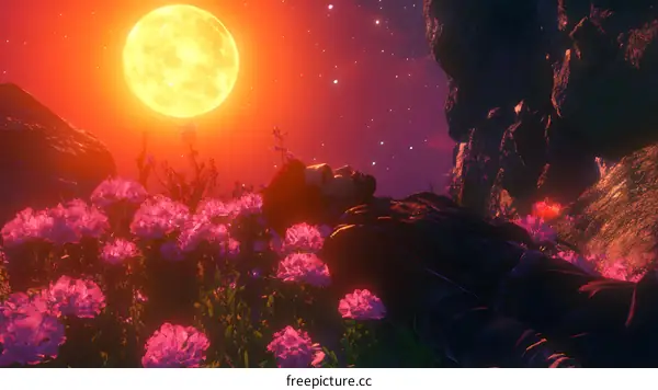 Man Lying in Field of Flowers Under Big Moon and Stars