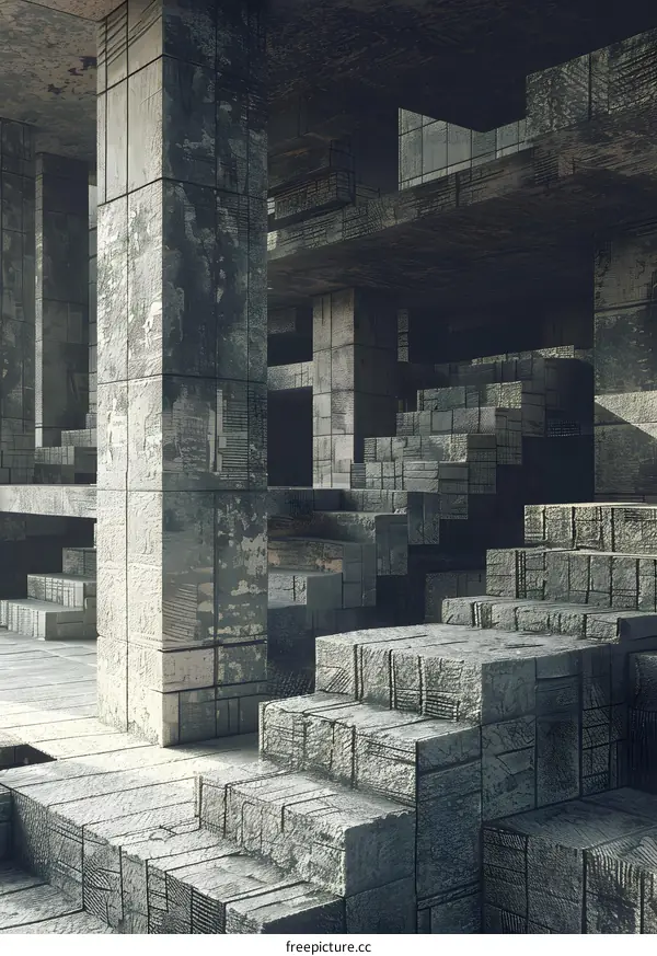 Abstract Stone Architecture with Stairs and Pillars
