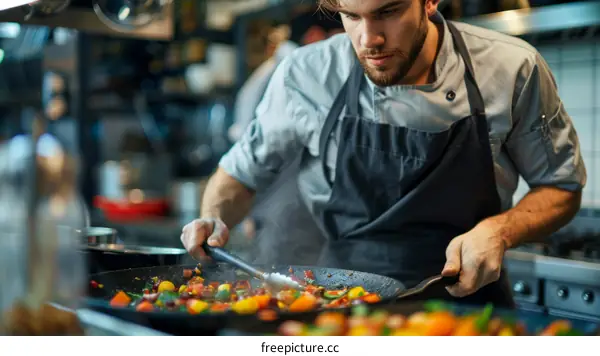 Focused male chef cooking delicious food in a pan
