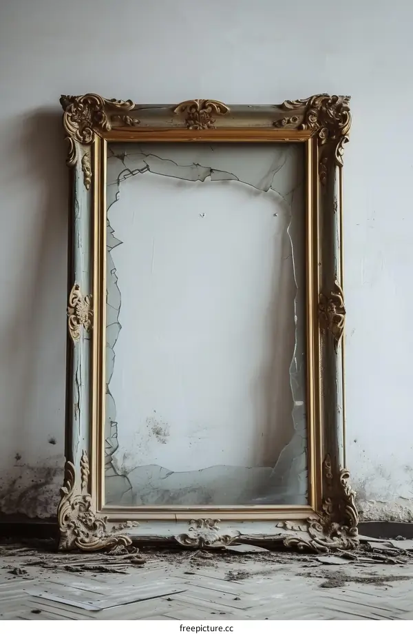 ornate gold gilded picture frame with cracked glass against a grunge wall background