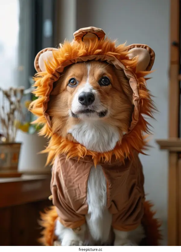 A cute corgi dog wearing a lion costume