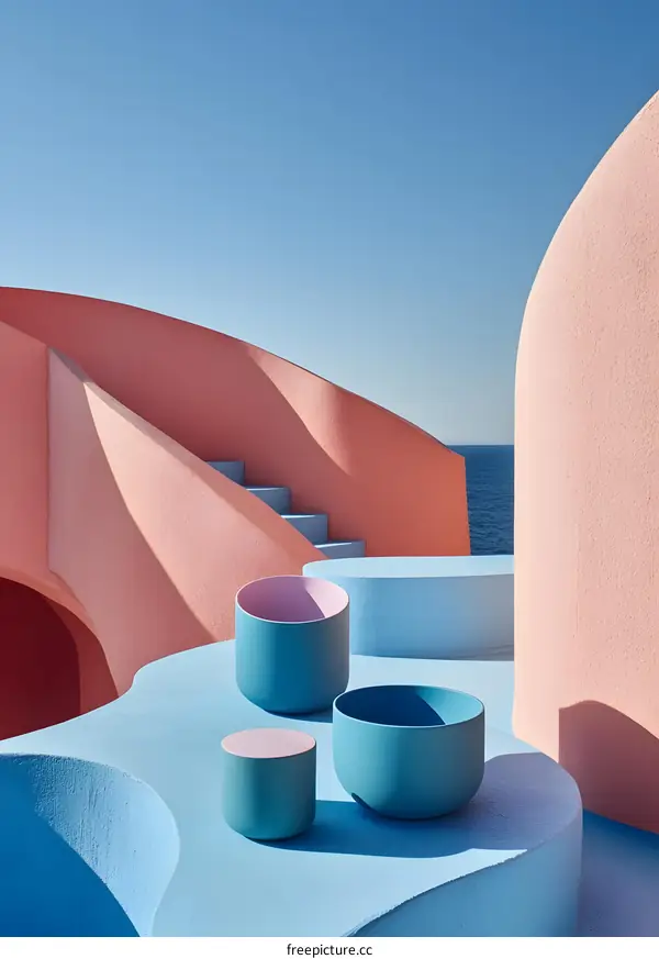Minimalist Architectural Design with Curved Walls and Blue Pots