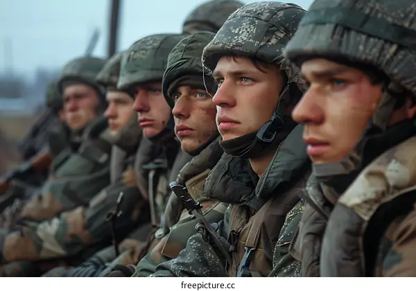 A group of soldiers in camouflage uniform with their faces painted are sitting in a row.