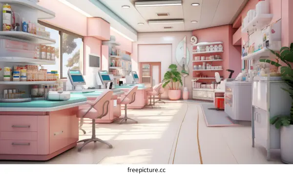 A pink and white pharmacy with a variety of medical supplies