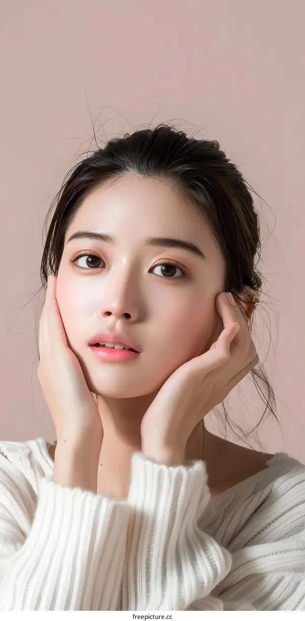 Portrait of a Young Asian Woman with Long Black Hair Wearing a White Sweater