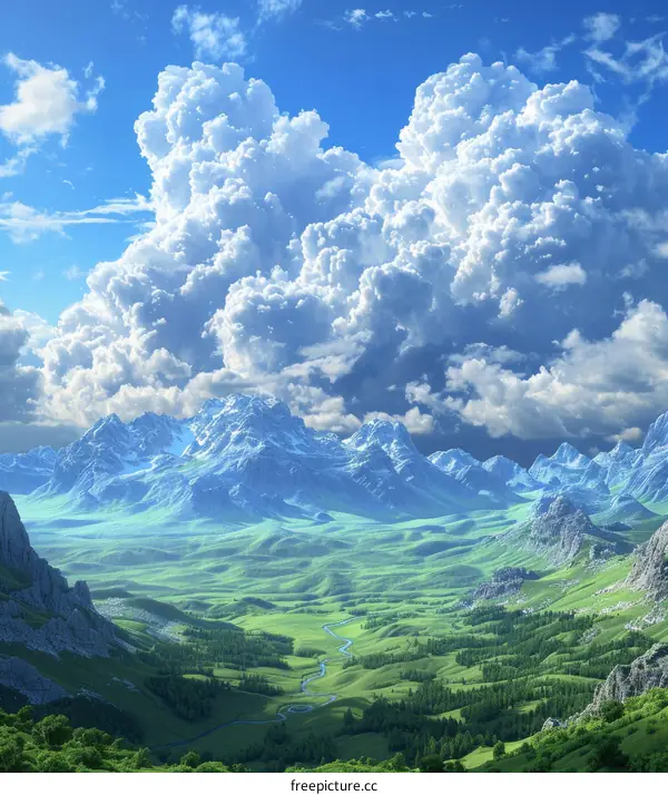 Serene Fantasy Landscape with Majestic Mountains and River