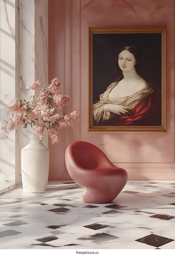 Pink Room Interior Design with a Red Chair and a Portrait Painting