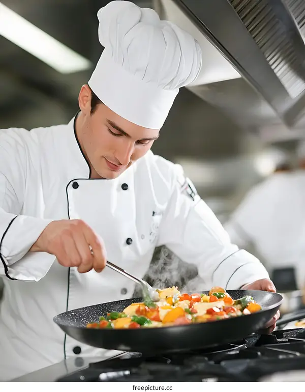 Chef Cooking Food In A Pan With Steam