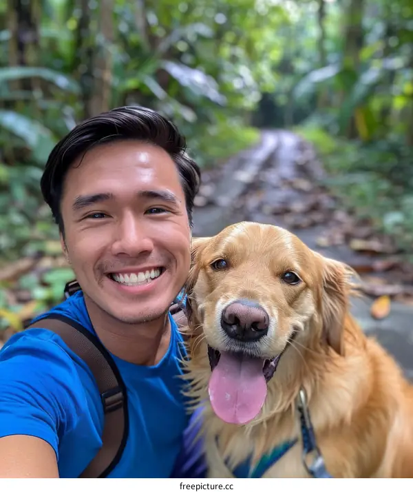 Asian man with his golden retriever dog on a hike in the forest