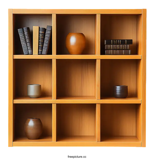[Transparent Background PNG]Wooden Bookcase with Decorative Items