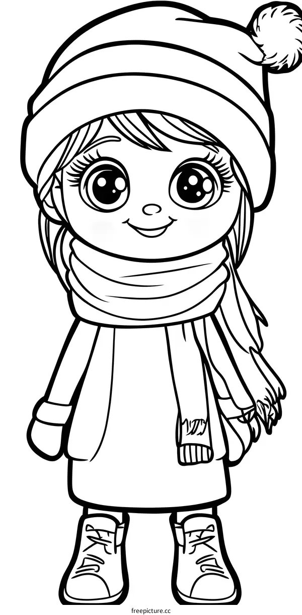 Cute Cartoon Girl Wearing Winter Clothes Coloring Page