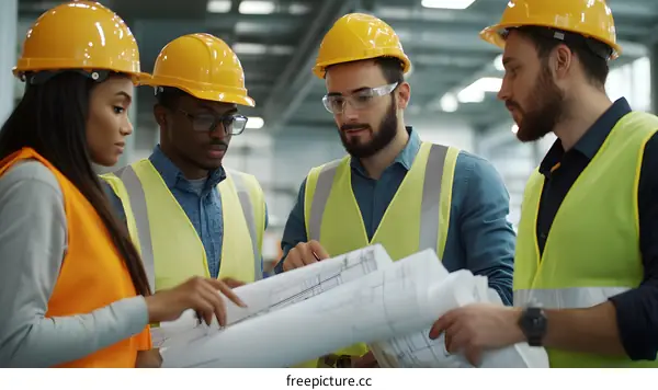 Diverse Team of Construction Workers Reviewing Plans