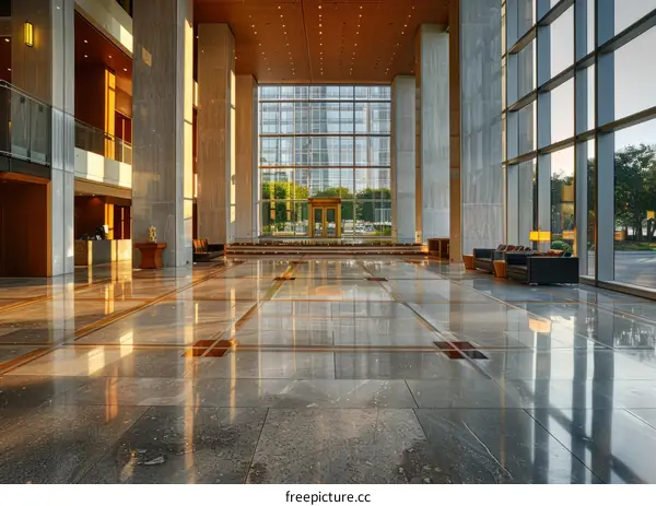 Modern Office Lobby with Marble Floor and Large Windows