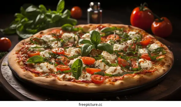 A delicious pizza with tomatoes, basil, and cheese