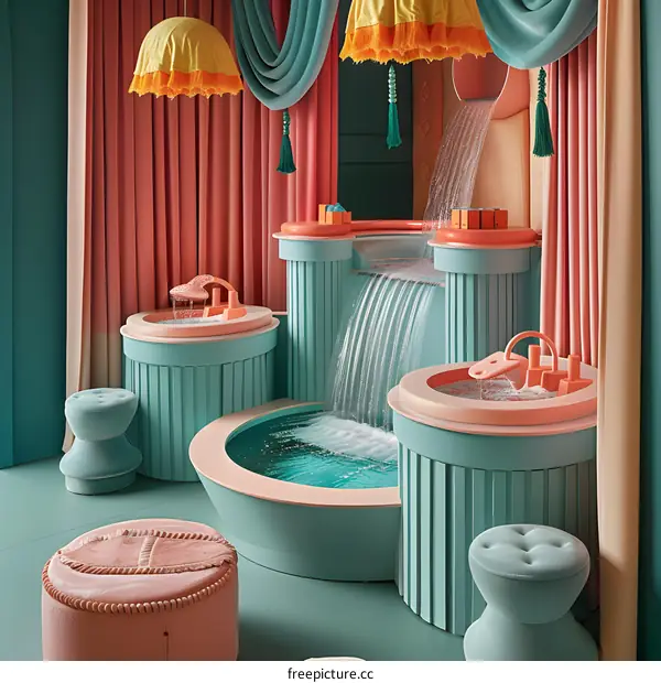 Indoor Pool with Waterfall and Pink and Green Decor