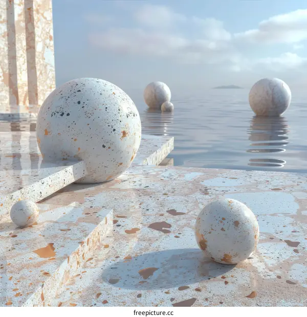 Abstract Geometric Balls on a Stone Platform by the Water
