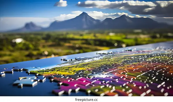 Colorful puzzle pieces on a table with a beautiful landscape in the background