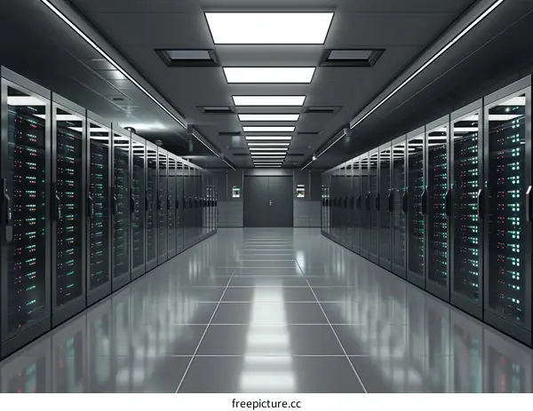Futuristic data center with rows of server racks