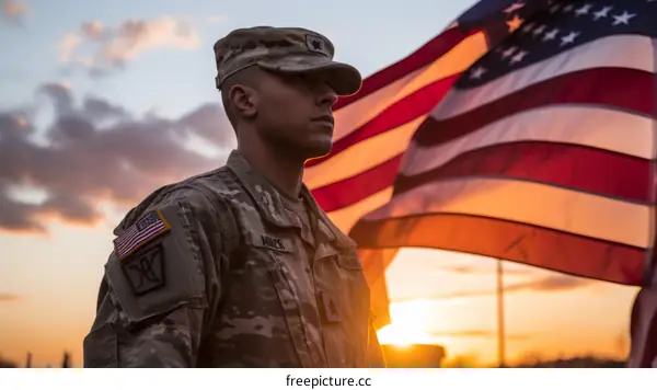 Soldier standing in front of American flag at sunset