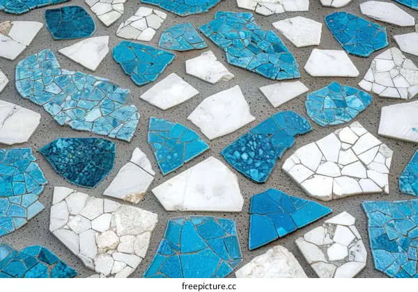 Blue and white mosaic floor tiles