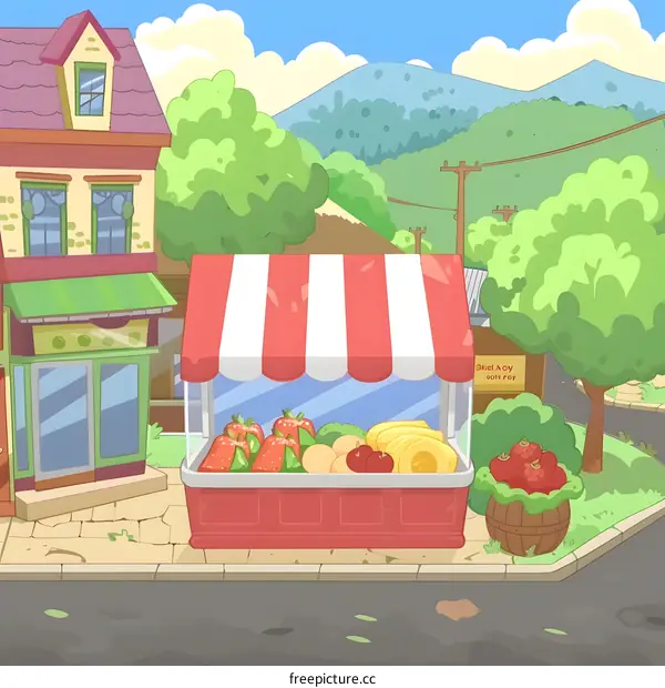 Fruit Stand in a Cartoon Village Setting