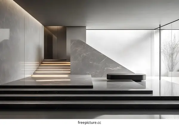 Modern Minimalist Interior Design with Marble Stairs and Bench