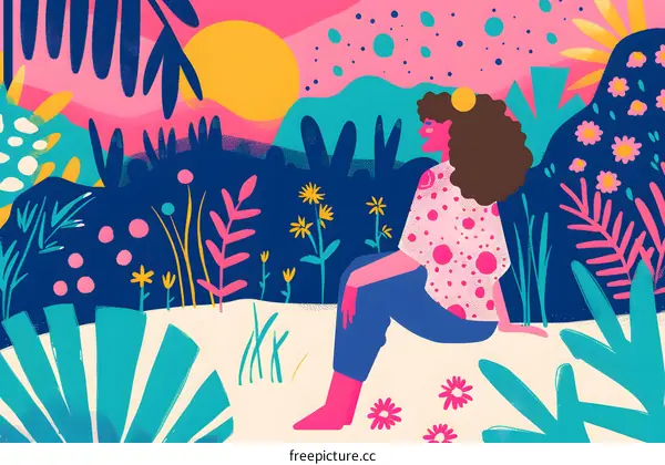 Woman Sitting in a Colorful Garden