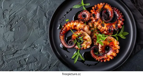 Grilled Octopus with Herbs and Spices on a Black Plate