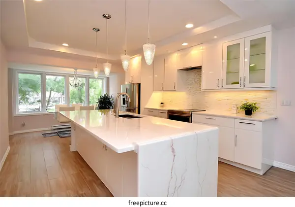 Modern White Kitchen Design with Marble Island