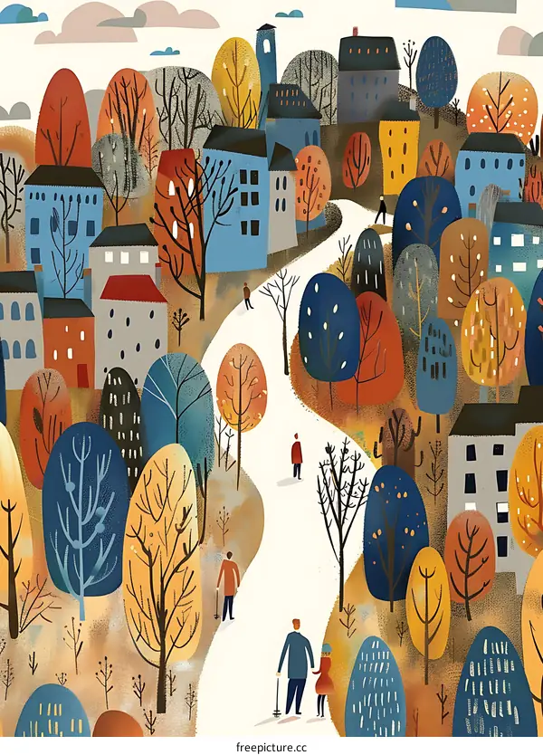 Colorful Autumn Town Illustration with People Walking in a Park