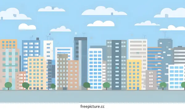 Flat Cityscape Illustration With Blue Sky and Clouds