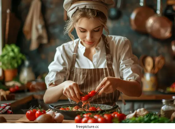 Young woman in a white shirt and brown apron is cooking in the kitchen
