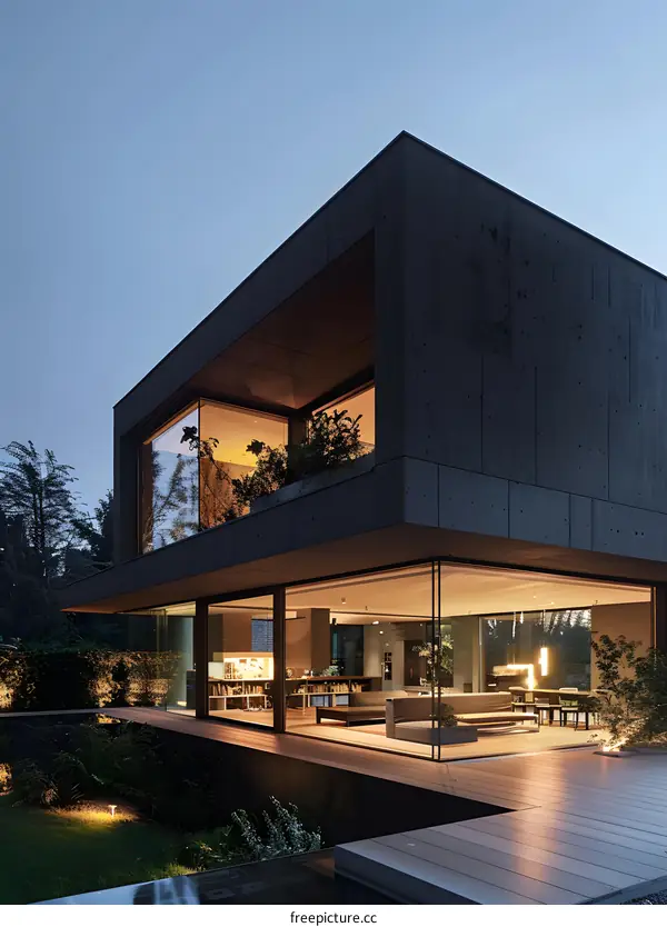 Modern Black House with Large Windows and Outdoor Patio