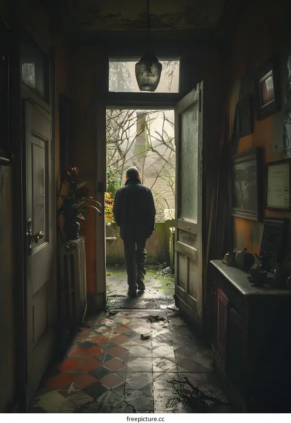 Man standing in a doorway looking out at a rainy day