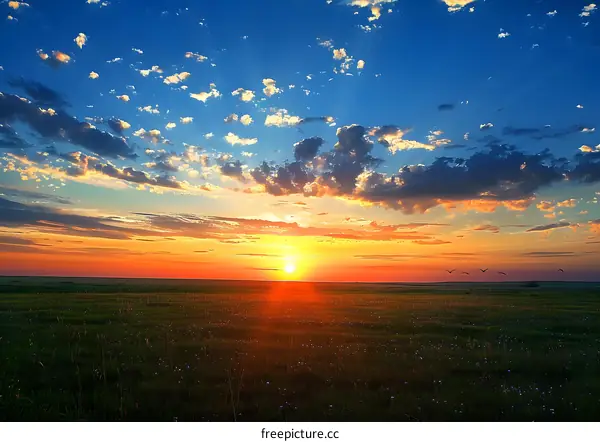 Beautiful Sunset Over Green Grass Field With Colorful Sky