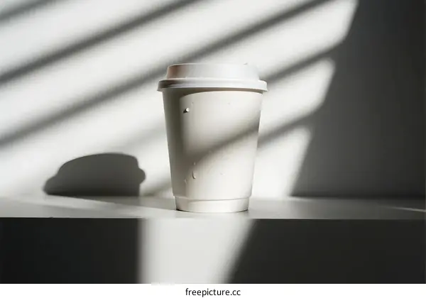 White disposable coffee cup with lid on a light surface