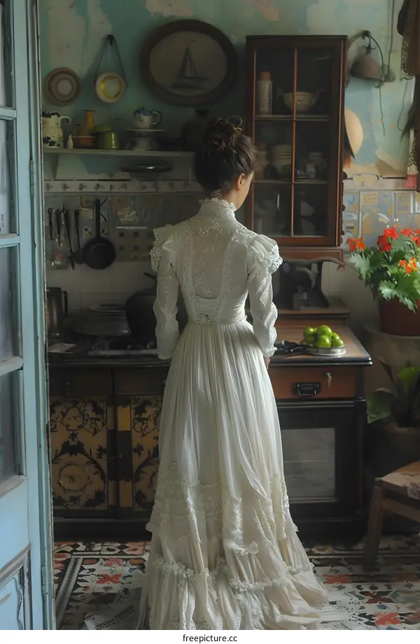 A woman wearing a white dress is standing in a kitchen.