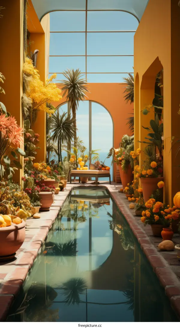 hallway with pool and plants