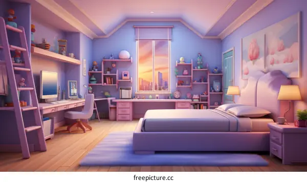 A cozy bedroom with a city view