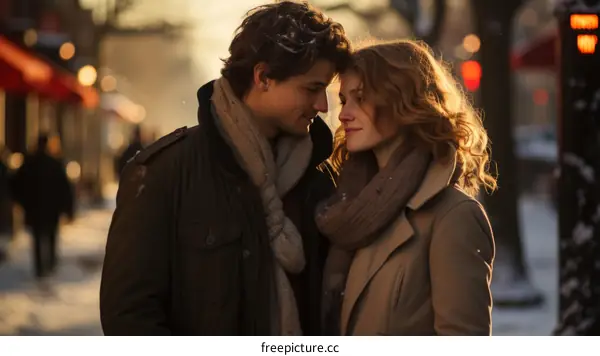 A couple is standing in the snow and looking at each other with love in their eyes