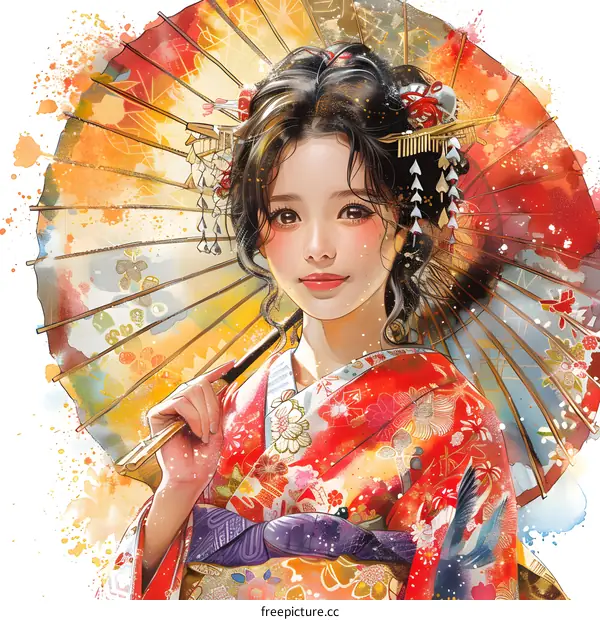 Beautiful Asian Woman in Traditional Kimono with Umbrella